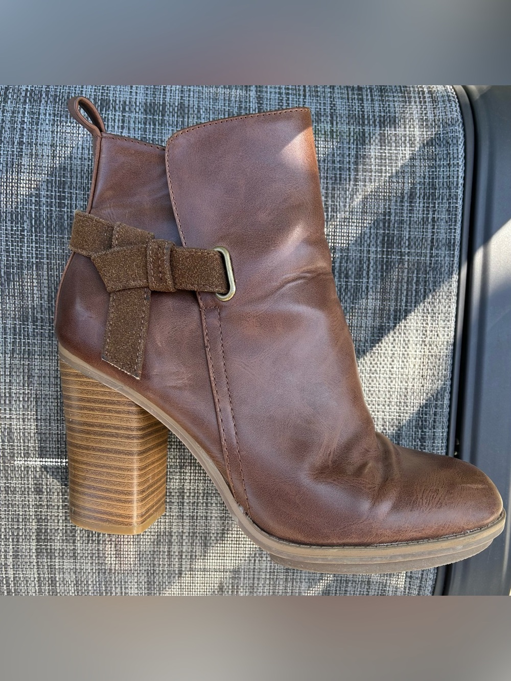 A+ Ellen Leather Contemporary Stacked Block   Heel Tan/Brown Ladies Boots Size 9